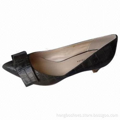 Women's Heeled Pointed Pump Shoe, Leather Bow, Casual Back Court, Rubber Outsole, Leather Insole